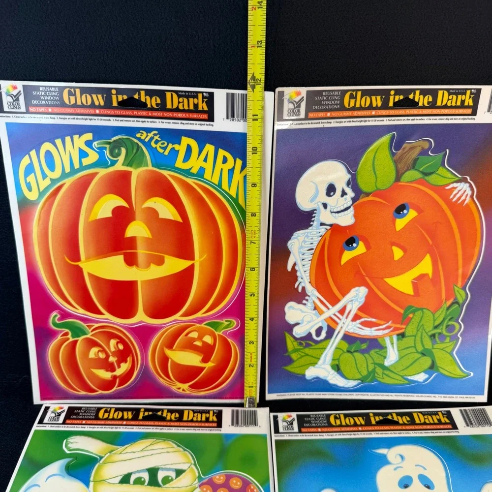 Vintage Glow in the Dark Window Clings Halloween Pumpkins Ghost Mummies Skeleton